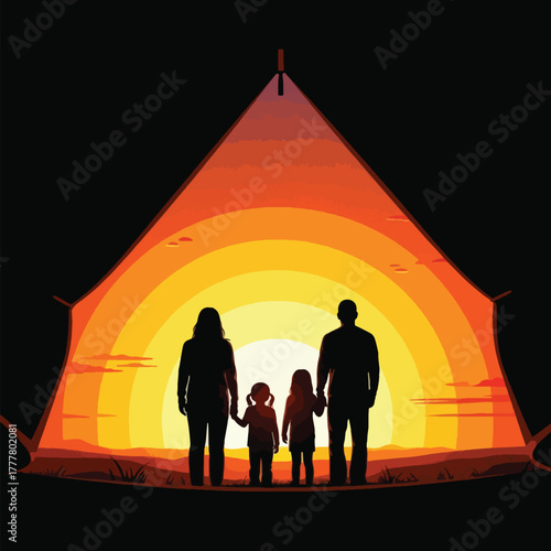 A silhouette of a family holding hands, standing in front of a vibrant sunset viewed through the opening of a tent.