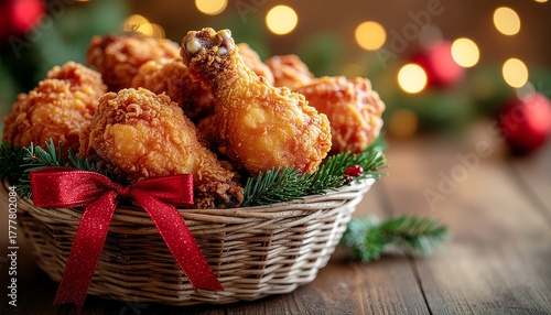 Crispy golden fried chicken in a basket, adorned with a red ribbon and pine, against a blurred background of warm holiday lights, perfect for a festive meal