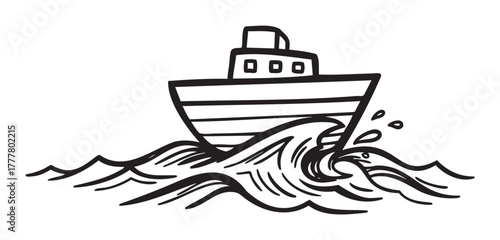 Black outline vector icon of a simple ship riding on ocean waves, emphasizing nautical travel and maritime adventure.