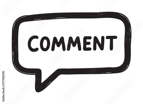 Black outline speech bubble with the word "comment" inside, emphasizing communication and feedback.