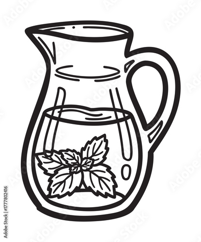 Black outline vector icon of a glass pitcher with a handle, containing water and mint leaves, suggesting refreshment and natural beverage themes.