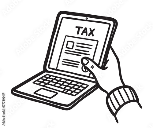 Black outline illustration of a hand holding a laptop displaying an online tax document on the screen.