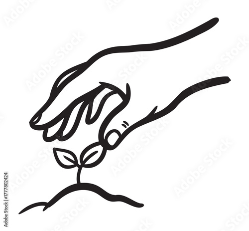 Black outline drawing of a hand gently planting a small seedling into the soil, symbolizing growth and nurturing in a minimalistic style.