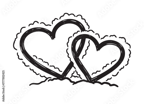 Black outline drawing of two intertwined heart shapes surrounded by fluffy clouds, symbolizing love and connection.