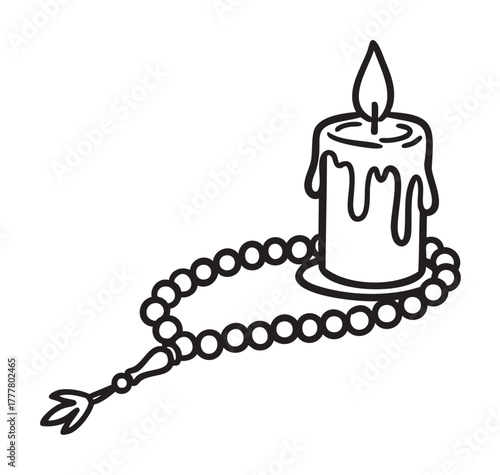 Black outline design of a lit candle with melting wax, accompanied by a simple beaded rosary laid in a circular pattern.