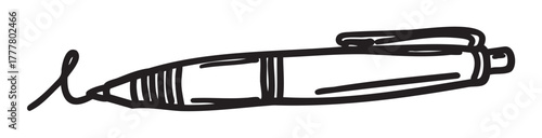 Black outline vector illustration of a ballpoint pen with a simple, minimalistic design, featuring a curved clip and ink scribble.
