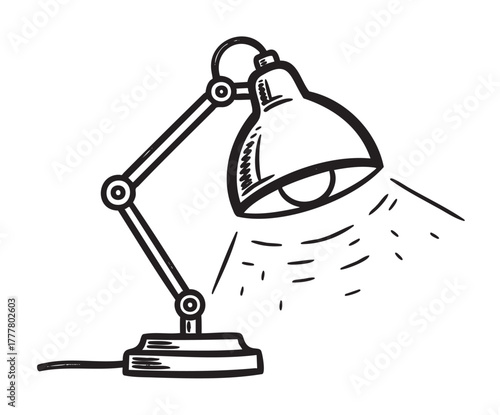 Black outline vector icon of an adjustable desk lamp with a simple, industrial design, featuring a conical shade and articulated arm projecting light.