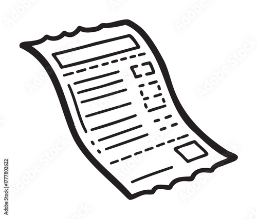 Black outline illustration of a simple, wavy-edged receipt with text lines and checkboxes, depicting items and prices.