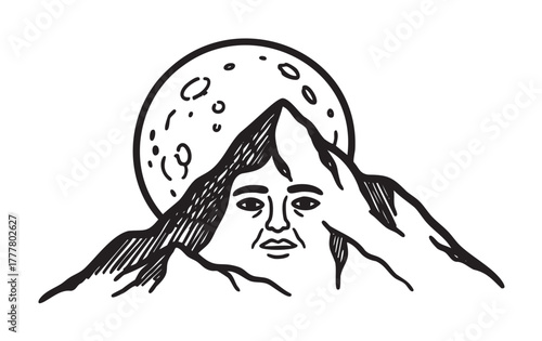 Black and white line art of a mountain with a human face, set against a full moon in the background.