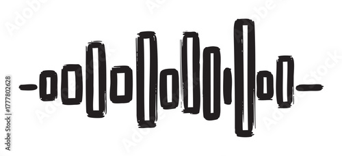 Bold black audio waveform with uneven bars, representing sound or music frequencies.