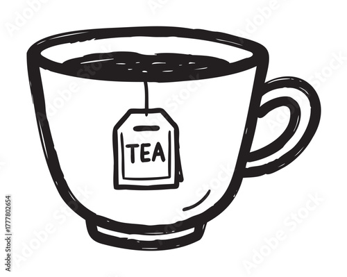 Black outline drawing of a tea cup with a teabag label hanging from the rim, illustrating a simple design for beverage concepts.