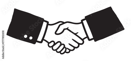 Black and white outline icon of two hands in a handshake, symbolizing agreement and partnership.