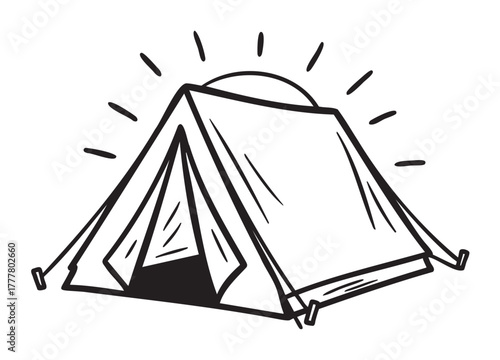 Black outline vector icon of a simple triangular camping tent with an open entrance and sun rays shining from behind.