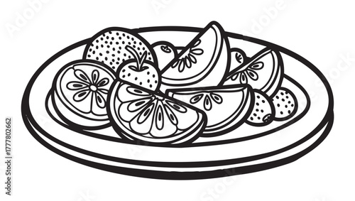 Black outline drawing of a plate filled with sliced citrus fruits and strawberries, showcasing a simple and minimal design for food concepts.