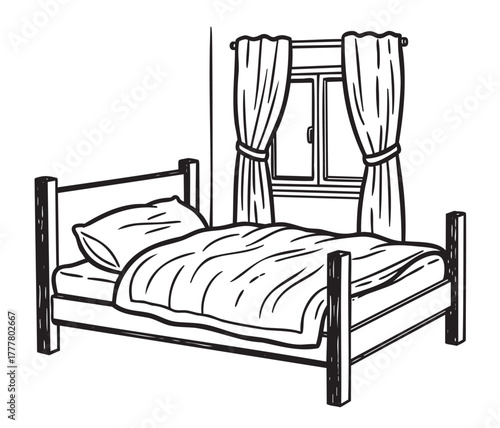 Black and white sketch of a wooden bed with a pillow and blanket, positioned next to a window with curtains.