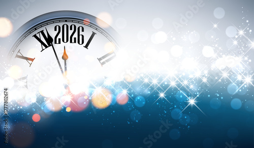 Festive clock striking midnight with blue, white, and gold sparkles celebrating 2026. Vector illustration.