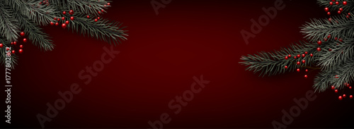 Elegant red holiday background with green pine branches and red berries on corners. Vector illustration.