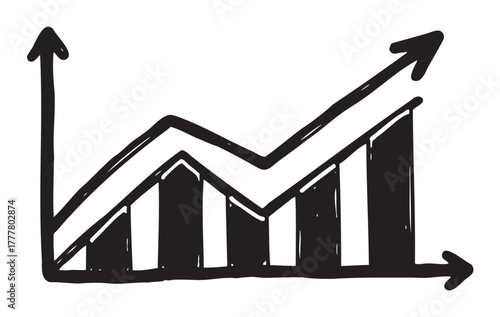 Hand-drawn black and white line chart with upward trending arrows and striped bars indicating growth.