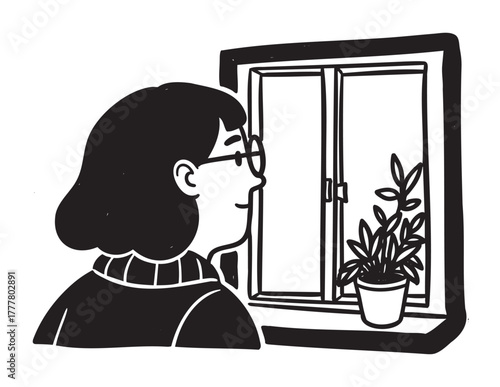 Black and white illustration of a woman with glasses looking out a window with a potted plant on the sill.