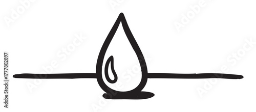 Black outline drawing of a single water droplet balanced on a horizontal line, representing purity and simplicity.