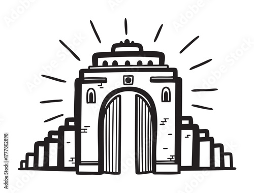 Black outline drawing of a historic arched gateway with layered steps and rays extending outward, suggesting grandeur and significance.