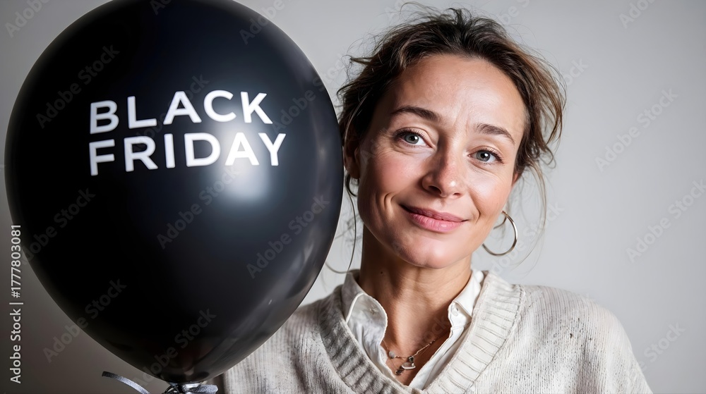 Naklejka premium Femme souriante tenant un ballon noir avec inscription Black Friday