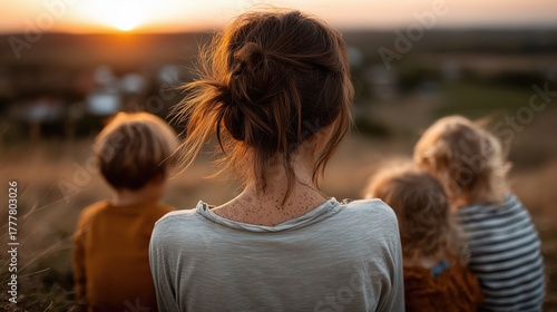 Une mère observe ses enfants jouer dans la lumière dorée du coucher