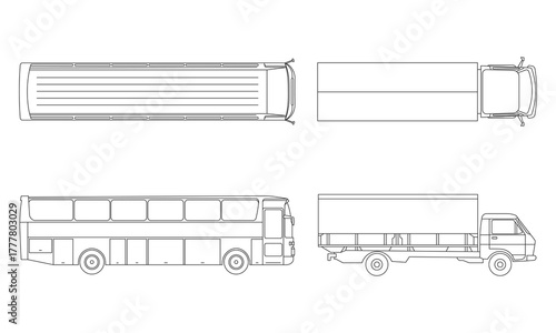 Bus and truck top and side views on stock art isolated on white background, vector illustration