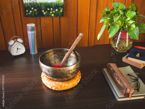 Singing Bowl on a desk, morning light