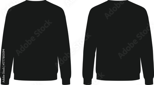 Black sweatshirt silhouette, crewneck front and back view, long sleeve casual wear, fashion template, apparel mockup, vector illustration, unisex