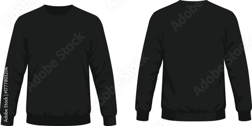 Black sweatshirt, crew neck, long sleeve, plain design, front view, back view, fashion mockup, apparel template, casual wear, versatile clothing