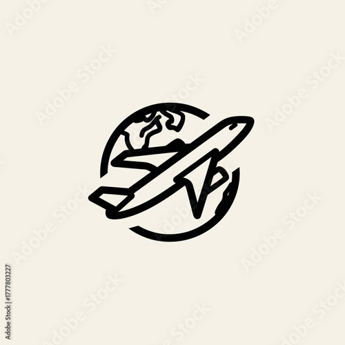 Global travel concept with an airplane circling the earth. Airline transportation, flight, and international adventure icon.