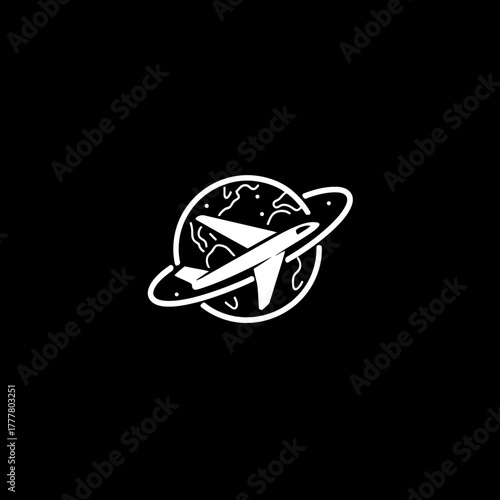 Minimalist white outline illustration of an airplane flying around a stylized globe. Global travel and aviation concept on black background.