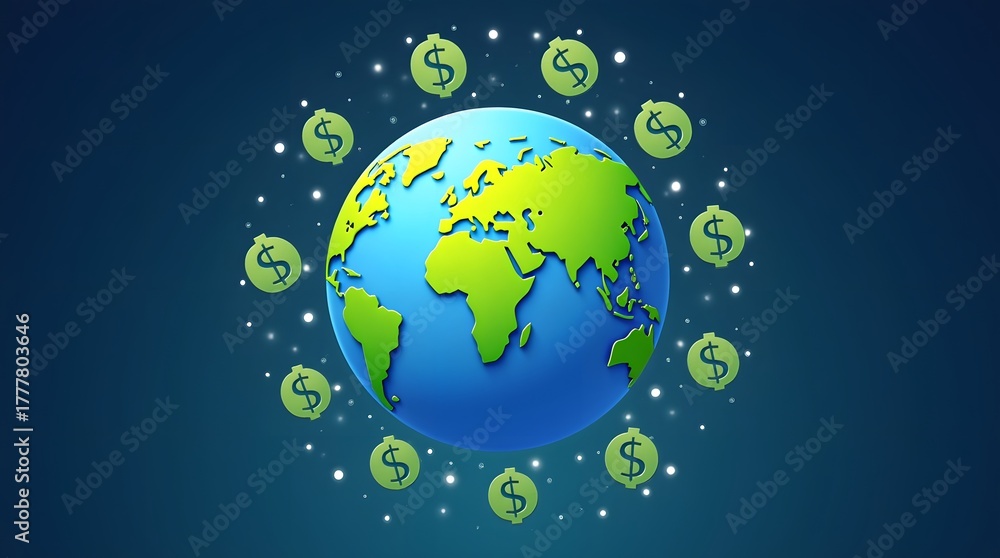 Naklejka premium Global finance concept dynamic earth surrounded by floating dollar signs symbolizing worldwide investment and prosperity