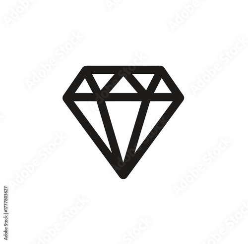 Black outline diamond icon, simple vector graphic representing luxury, premium quality, wealth, and elegance design elements.