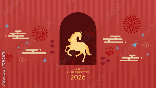 Chinese New Year 2026 greeting card featuring a golden horse silhouette on a red background with traditional Asian patterns, fireworks, and clouds. Festive design celebrating the Year of the Horse.