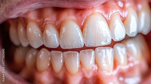 close-up of healthy human teeth and gums showing dental care and oral hygiene