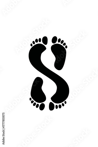 Abstract S-shaped letter icon created from black human footprints. Stylized symbol representing path, journey, health, or wellness concept.