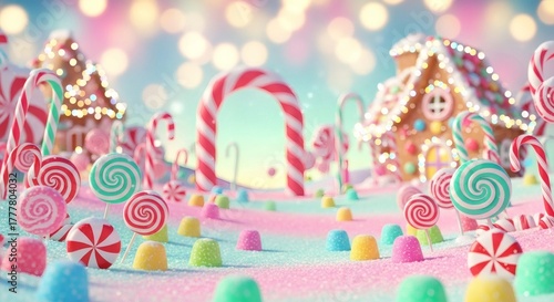 Whimsical candy land landscape with gingerbread houses, lollipops, and gumdrops creating a sweet and magical scene