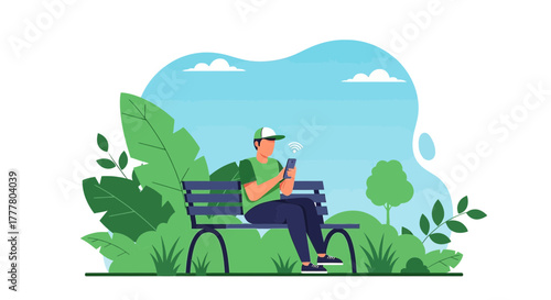 Person using smartphone on park bench surrounded by nature on a sunny day outdoors