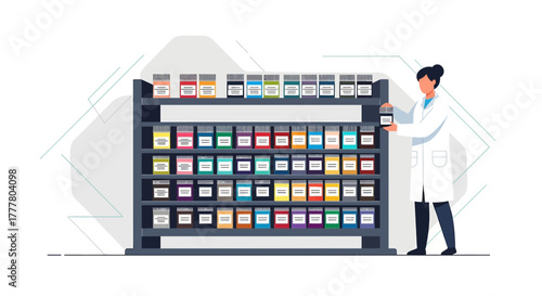 Pharmacist checking medication on shelves in pharmacy laboratory or research center illustration