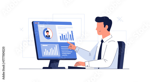 Professional analyst using data visualization dashboard on computer monitor at office desk