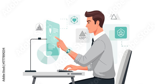 Professional man interacting with futuristic interface display in modern workspace setting