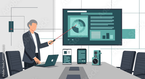 Professional presenting data on screen in modern office boardroom environment