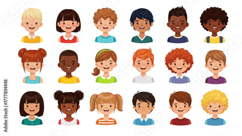 Kids Faces Cartoon Avatar Set: Diverse Children's Emotions and Expressions