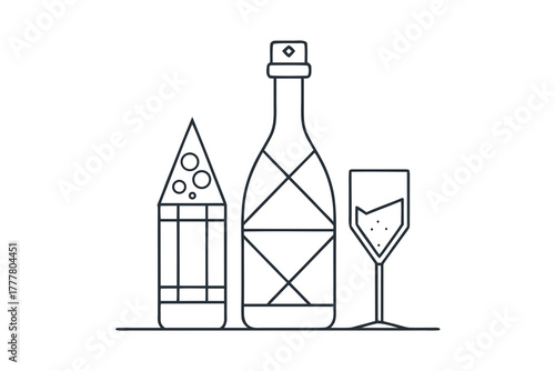 line art champagne bottle with slim glass beside icon  