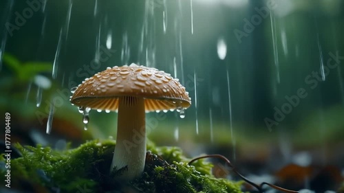 Raindrops Falling Gently on Mushroom in Forest
