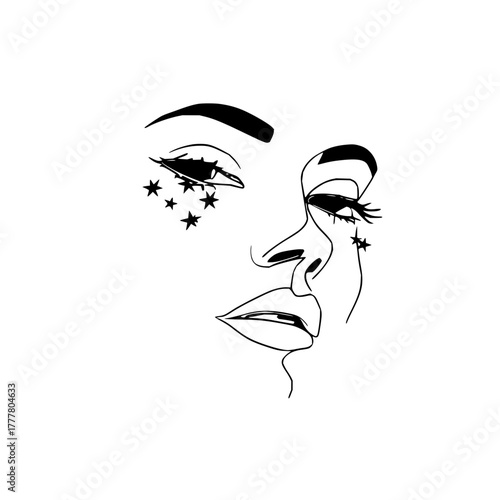 Minimalist face line art drawing with star tears vector illustration for wall art and tattoo design ideas