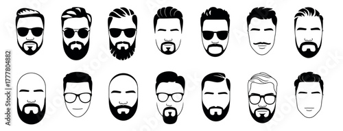 Vector Illustration Set of Bearded Men Faces – Stylish Hipster Portrait Icons with Different Haircuts, Mustaches, and Facial Hair Designs for Fashion, Grooming, and Barber Art Projects