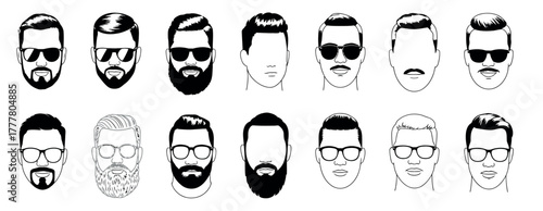 Handsome Male Portrait Icons Featuring Stylish Haircuts, Beards, and Mustaches